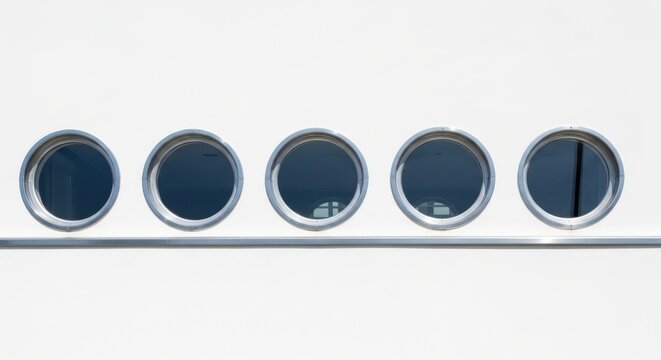 Row of Circular Ship Porthole Windows on White Cruise Vessel Exterior