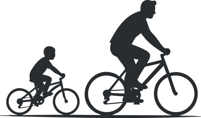 Silhouette vector illustration of a parent and child cycling together, representing family bonding and outdoor activity