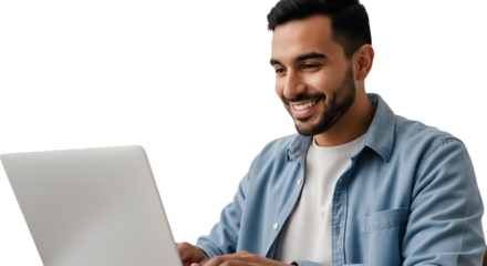 Smiling Businessman Working on Laptop, Isolated Portrait