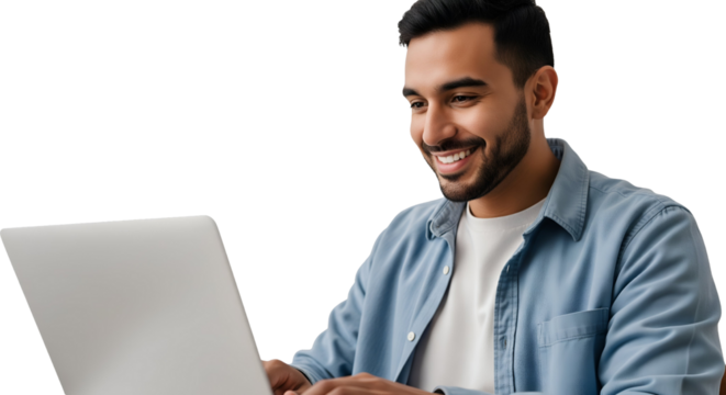 Smiling Businessman Working on Laptop, Isolated Portrait