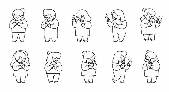 Line Art of Women Engrossed in Smartphones.