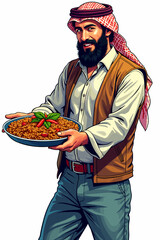 Middle Eastern man serving traditional dish on plate with garnish