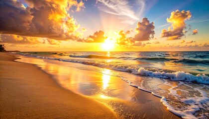 Sun's bright rays cast a warm golden glow over gentle waves on a sandy beach, under a beautiful cloudy sky