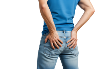 a man experiencing lower back pain while holding his lower back with both hands wearing jeans and a t shirt on transparent background