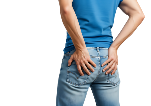 a man experiencing lower back pain while holding his lower back with both hands wearing jeans and a t shirt on transparent background