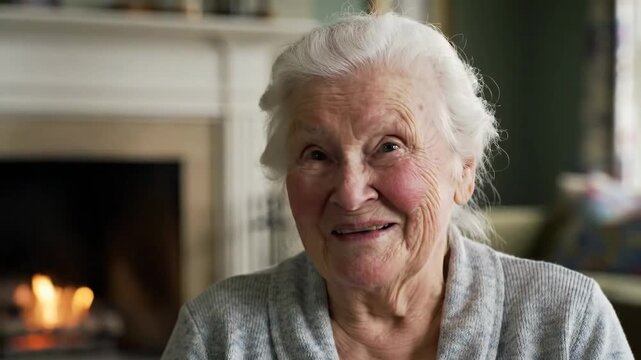 Smiling elderly woman in a home smiles, fireplace background, used for health, memory, or care content