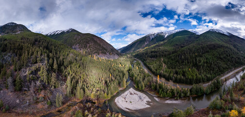 Panoramic Mountain Valley in British Columbia With Snow-Capped Peaks and Dense Forests, BC, Canada