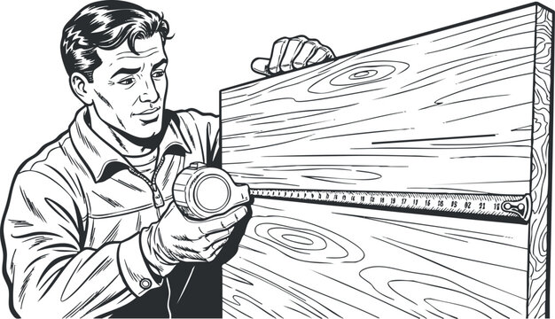 Detailed vector illustration of a carpenter measuring wooden planks with a tape measure, ideal for construction and DIY projects