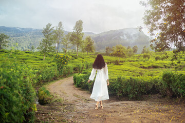 Back View of Woman in White Dress Exploring Scenic Tea Fields in Sri Lanka