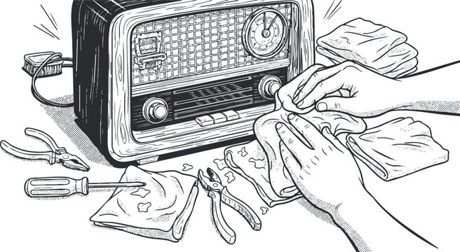 Detailed black and white vector illustration of a person cleaning a vintage radio with tools, ideal for DIY and repair themes
