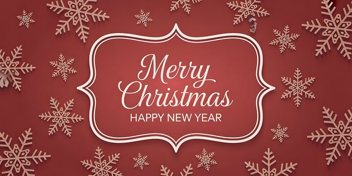 Merry christmas and happy new year greeting card with snowflakes on red background