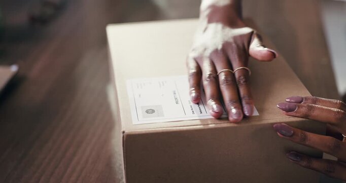 Logistics, hands or woman with package label for shipping info, packaging process or order delivery. Supply chain, small business or person with box sticker for courier service or parcel distribution