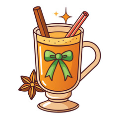 Festive holiday drink with cinnamon sticks, star anise, and a green bow illustration art design
