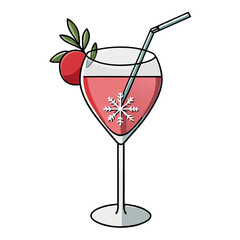Illustration of a stemmed glass filled with a pink drink adorned with a snowflake and a red fruit garnish