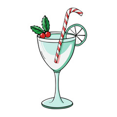 Festive cocktail glass with candy cane, lime slice, and holly berries illustration for holiday cheer