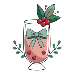 Festive drink in a glass with a bow, berries, and leaves for a holiday celebration design