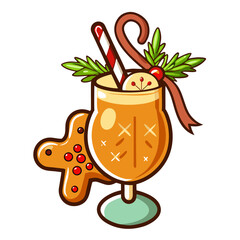 Festive holiday drink with gingerbread cookie and candy cane decorations in a glass cup design