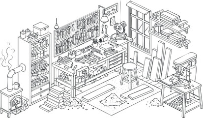 Detailed isometric vector illustration of a woodworking workshop featuring tools, shelves, and a cozy atmosphere for crafting projects