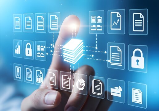 Finger touching a futuristic interface with digital document icons