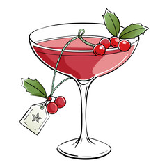 Festive cocktail glass with red liquid, holly leaves, cherries, and a gift tag tied with string