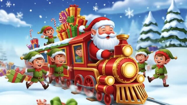 Santa Claus driving a festive train with toy cars and elves, surrounded by wrapped gifts and candy canes, with snowflakes floating through the air, cute cartoon style,