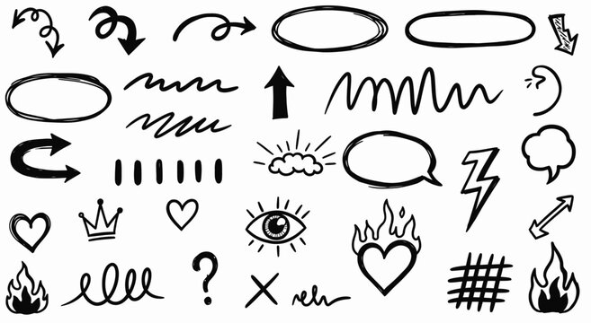 Comprehensive set of hand-drawn vector doodle elements including arrows, speech bubbles, frames, and various sketch symbols for creative design projects
