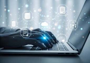 Hands typing on a laptop with digital network and technology icons