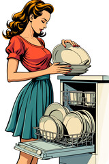 Woman stacking dishes into dishwasher in modern kitchen