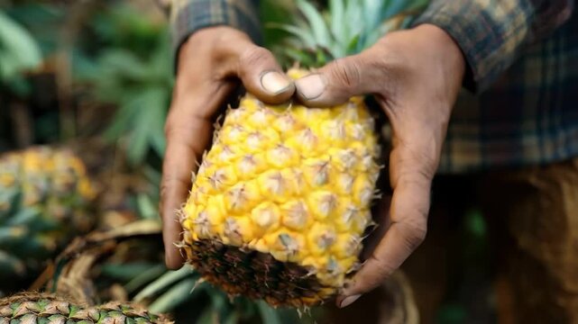 Fresh pineapple peeling by farmer in tropical setting during harvest season, showcasing vibrant colors and rural agricultural practices