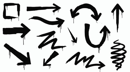 Vector pack of expressive street art arrows, boxes, and scribbles, all rendered with a raw, dripping paint or ink effect, conveying movement and urban style