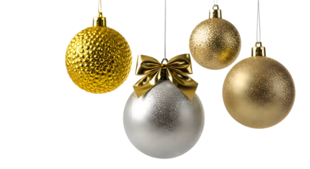 Four elegant christmas ornaments hanging against a black background