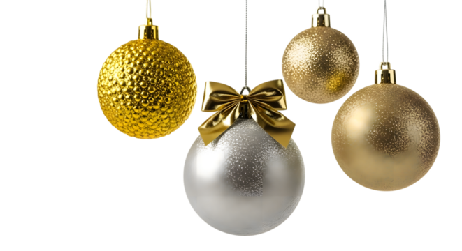 Four elegant christmas ornaments hanging against a black background