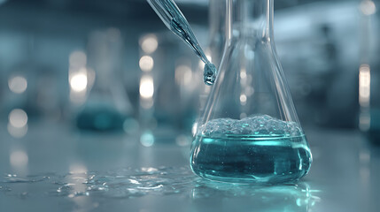 Close up of scientific experiment with erlenmeyer flask and droplet in laboratory setting