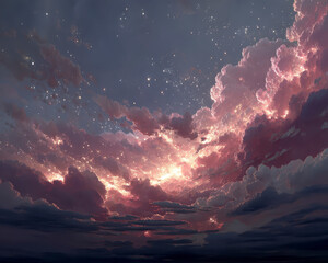 Radiant cosmic cloud with vivid pink and purple hues glowing brightly against dark starry sky, creating magical and interstellar atmosphere full of sparkling light