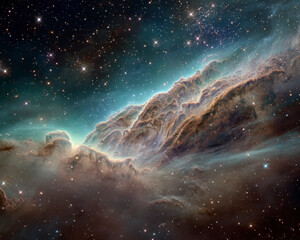 Interstellar cloud with vivid cosmic glow and bright stars, showing detailed dust and gas formations in deep space, evoking wonder and vastness of universe