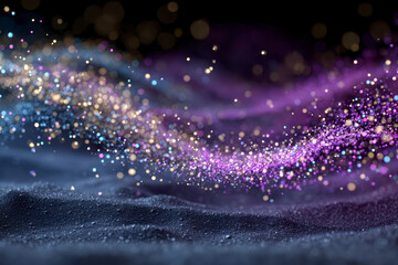 Vivid cosmic dust with scattered particles in purple, blue, and gold colors creating magical and sparkling wave effect over dark textured surface