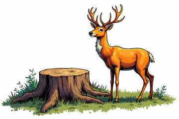 Deer standing near tree stump in grassy landscape