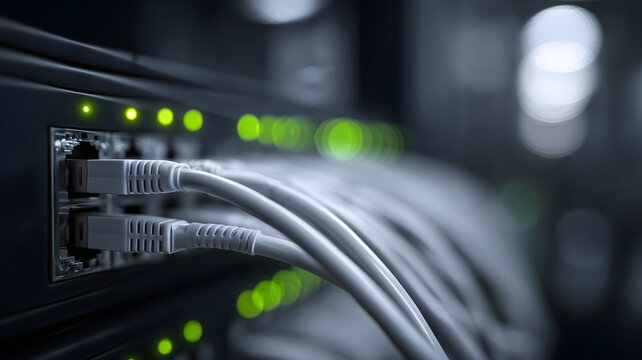 White network cables connected to data center rack with green lights