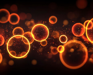 Glowing orange circles float against dark background with sparkling particles, creating warm and vibrant abstract light effect full of energy and motion