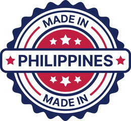 made in philippines, seal, stamp, badge, origin, country, product, certification, guarantee, label, sticker, graphic, icon, symbol, vector, blue, red, white, Philippines flag colors, stars, round, cir