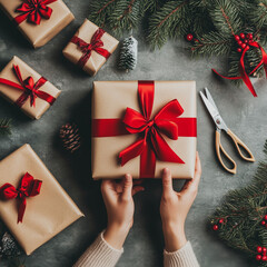 Hands holding wrapped Christmas gift with red ribbon on festive table