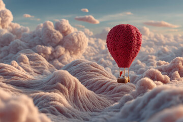Whimsical red hot air balloon floats gently above soft, fluffy clouds resembling cotton or wool, creating dreamy and surreal sky scene filled with warmth and calm
