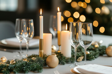 Elegant Christmas table setting with candles and wine glasses