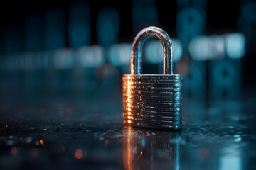 Cyber security concept - digital data protection with sturdy steel lock visualization