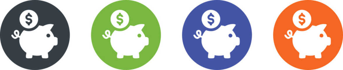 piggy bank, icon, money, saving, finance, coin, dollar, currency, investment, wealth, banking, financial, concept, illustration, graphic, design, dark gray, green, blue, orange, isolated, white backgr