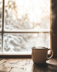 Steaming mug on wooden table by snowy winter window