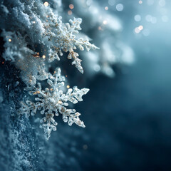 Snowflake close up with delicate ice crystals and sparkling frost on cool blue gradient background, creating magical winter atmosphere with soft bokeh light effects