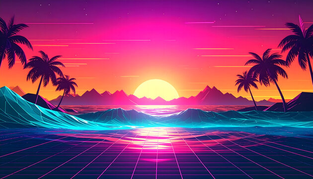 Retro synthwave sunset with palm silhouettes