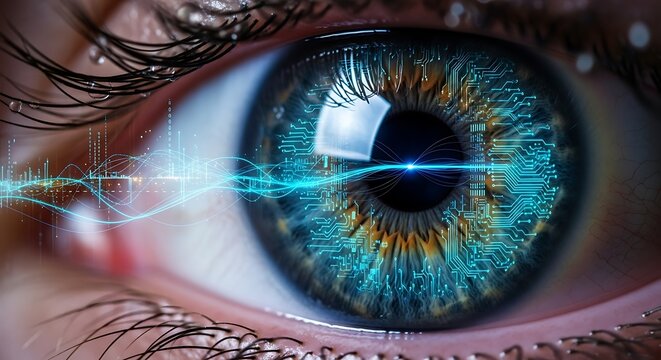 Futuristic vision with digital interface integrated into the human eye, explore the future of technology and medicine through this captivating concept, imagine innovation,Generated Image