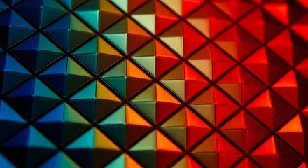 Abstract geometric pattern of colorful triangular facets with a holographic iridescent shimmer creating a vibrant and dynamic background texture with a gradient from blue to red